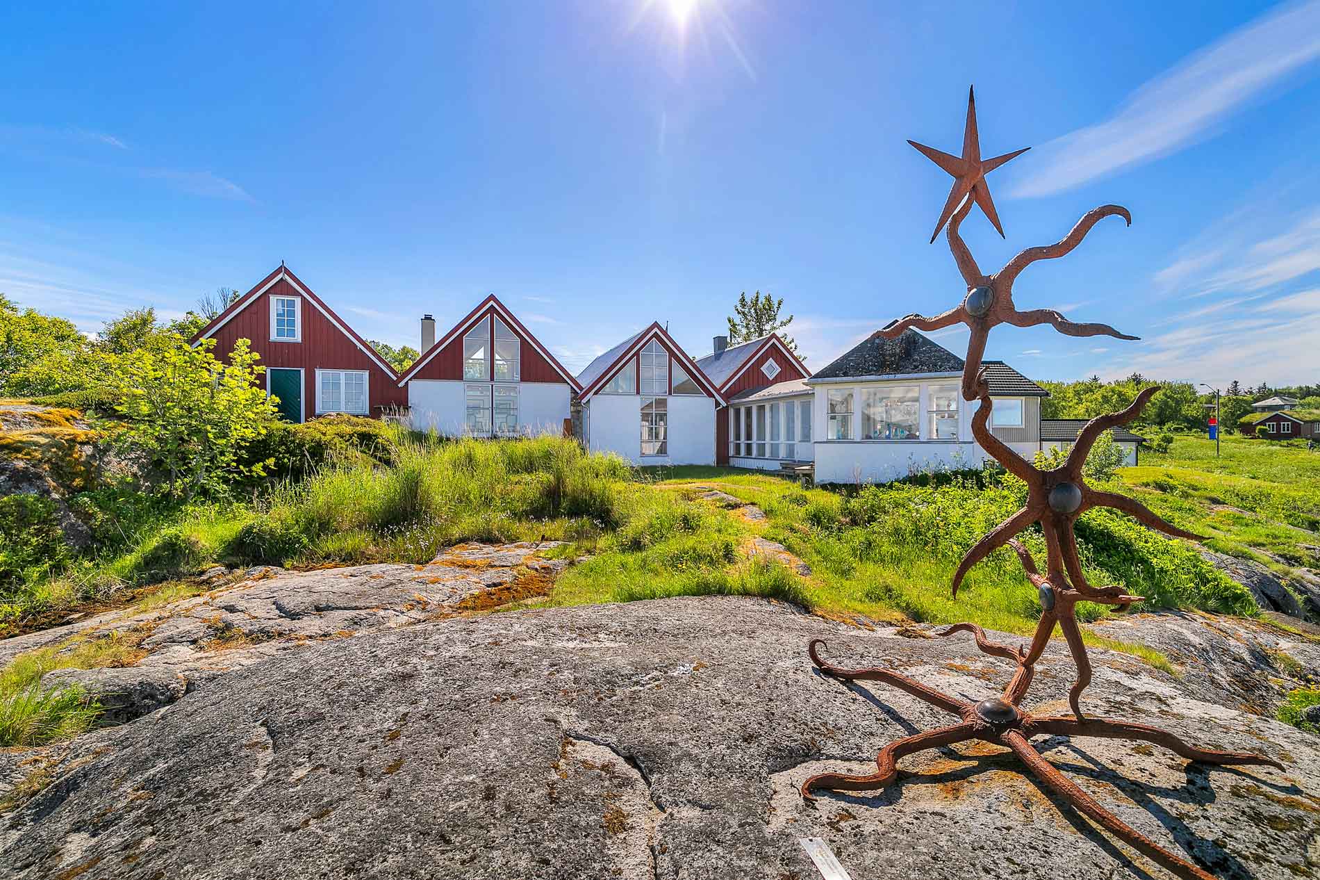 Tranøy-galleri kunstverk av sjøstjerner foran 4 hus. sommer med blå himmel og frodig kystnatur.
